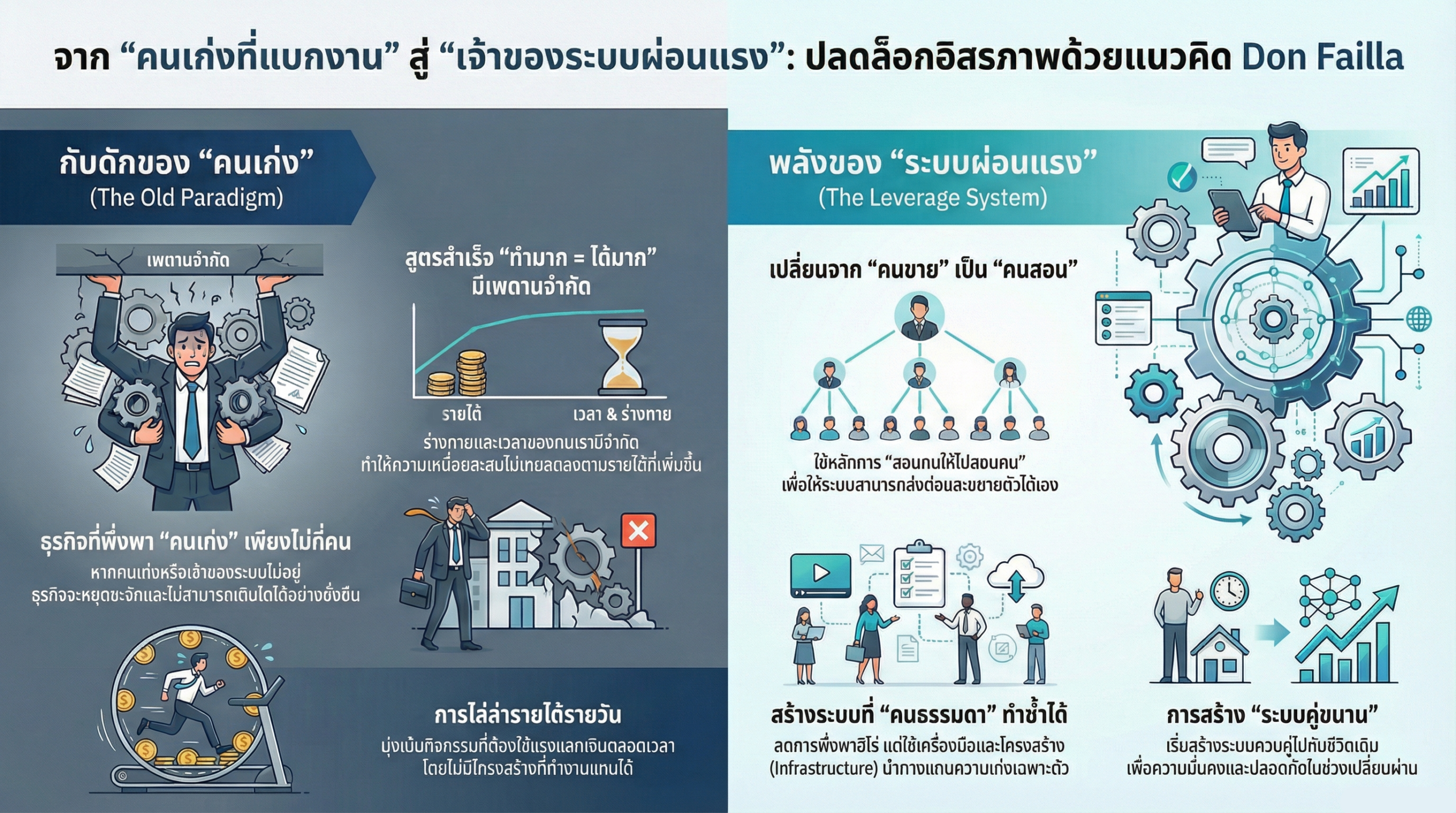 แผนภาพแนวคิดการเปลี่ยนจากคนเก่งสู่การสร้างระบบผ่อนแรงตามแนวคิด Don Failla ในยุคดิจิทัล