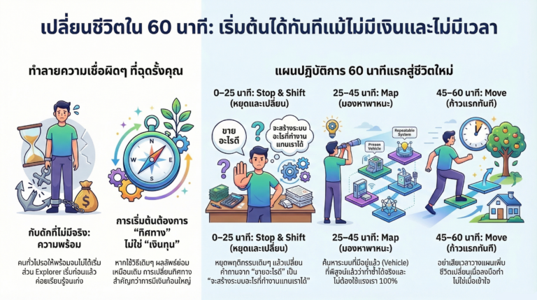 Read more about the article เริ่มต้นยังไง ถ้าไม่มีเงิน ไม่มีเวลา? แผน 60 นาทีแรกที่คุณทำได้ทันที