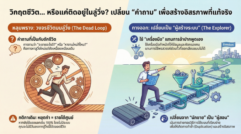 Read more about the article วิกฤตชีวิตมาถึง… “หาอะไรขายดี?” ถอดรหัสคำถามหลุมพรางที่ขังคุณไว้บนลู่วิ่ง