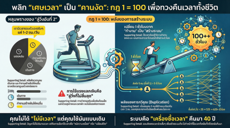 Read more about the article วิธีเปลี่ยน “เศษเวลา” ให้เป็นคานงัด: ซื้อเวลาทั้งชีวิตกลับคืนมาด้วยกฎ 1 = 100